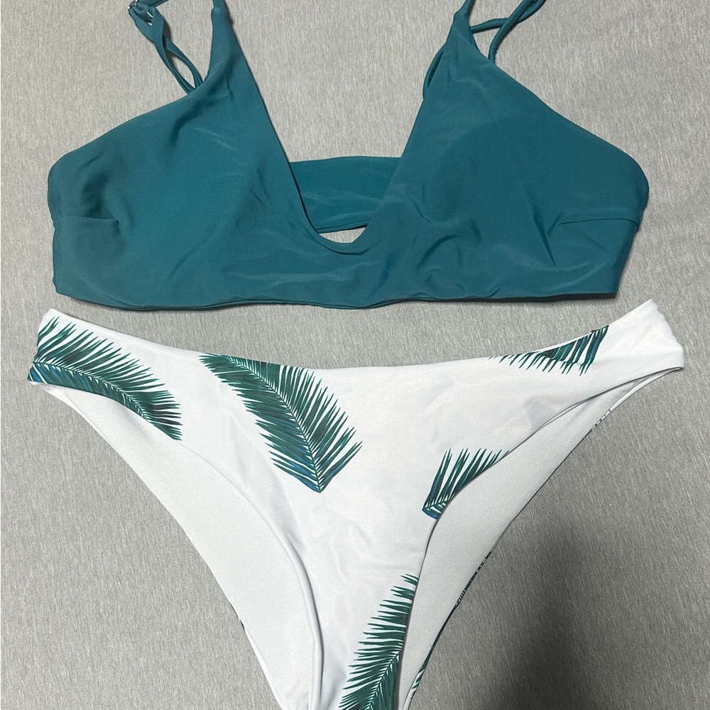 Teal and White Palm Print Bikini Set